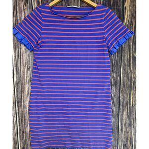 Tory Burch Blue & Orange Ruffle Sleeve Striped Tee Shirt Casual‎ Dress Small EUC